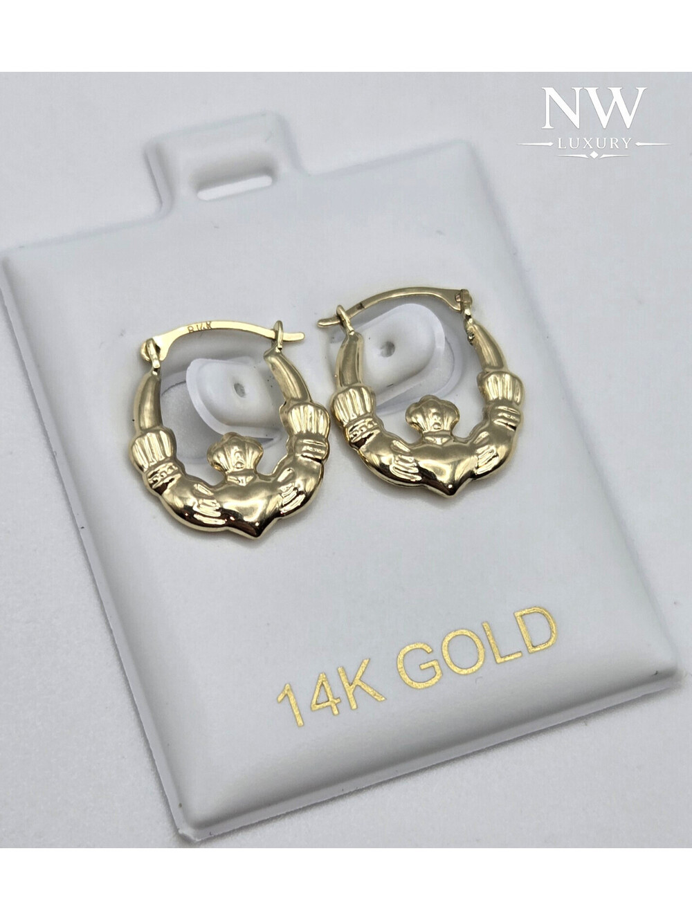 NEW 14K Yellow Gold Claddagh Hoop Earrings, 14mm Huggie Snap Close, ITALY